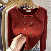 2023红色针织衫开衫女秋冬加厚设计感小众，宽松小香风羊绒毛衣外套