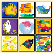 ins简约儿童卡通diy数字油彩画创意手工涂鸦动物小鱼卧室装饰挂画