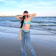 高颜值女三点式辣妹泳装海边分体，蓝色比基尼小胸聚拢性感套装度假