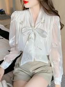 蝴蝶结雪纺衫女长袖2024春季甜美洋气减龄小衫高级感气质上衣