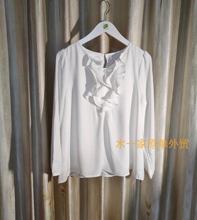 日单  夏季白色长袖木耳花边圆领纯色雪纺直筒女士长袖衬衫