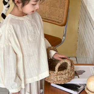 女童白色衬衫春秋款，2024中大童圆领棉麻长袖，衬衣宽松休闲上衣
