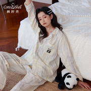 A类双层棉纱 纯棉亲肤可爱熊猫刺绣睡衣女秋季长袖家居服套装
