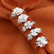 冷淡风999纯银戒指女时尚个性小众设计可调节开口戒玫瑰花朵轻奢