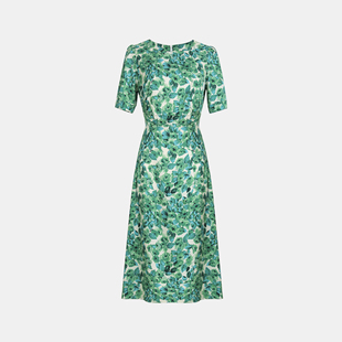蓝玫瑰大码女装夏季舒适真丝斜纹清新绿色印花短袖连衣裙