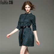 奈昕定制21873欧美风时尚dress五分，袖收腰显瘦格子，a字连衣裙