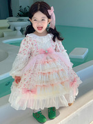 儿童洛丽塔公主裙长袖粉色法式蛋糕裙宫廷风连衣裙女宝宝小童洋装