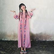 民族风度假云南西藏旅游刺绣棉麻长裙七分袖宽松波西米亚连衣裙夏