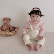 INS款韩版婴幼儿可爱百褶荷叶领长袖T恤打底衫高腰刷毛坑条背带裤