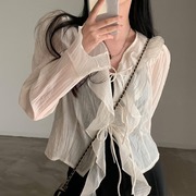 韩国ins春夏法式荷叶边系带，v领喇叭袖，衬衫女气质防晒雪纺开衫外套