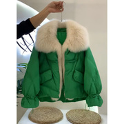 绿色羽绒服女秋冬韩版时尚大毛领宽松加厚保暖白鸭绒收口袖短外套