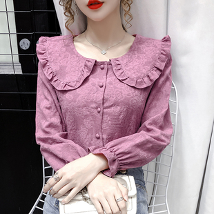 早秋装2024年女士娃娃领上衣，纯棉提花衬衫，女长袖开衫紫色衬衣