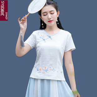 SY夏季复古气质V领T恤女修身显瘦刺绣改良旗袍短款小衫棉麻上衣女