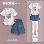 中式国风短袖T恤女夏季2024修身显瘦高级感不规则牛仔短裙子
