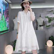 白色雪纺连衣裙，2024a夏装韩版高级感宽松大码女字衬衣领裙子