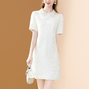 茗思名牌白色提花短袖连衣裙女2023年夏季收腰时尚小个子裙子