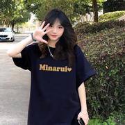 240克纯棉美式正肩藏蓝色短袖t恤女夏季宽松潮牌显瘦半袖印花上衣