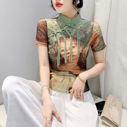时尚印花网纱短袖t恤女夏装，新中式国风盘扣上衣修身百搭洋气小衫