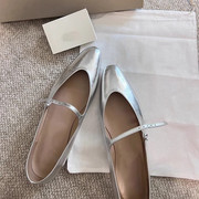 法式平底单鞋女2024年韩版复古尖头真皮银色，一字扣带玛丽珍鞋