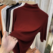 酒红色半高领中袖t恤春季女装洋气内搭修身显瘦五分袖打底衫上衣
