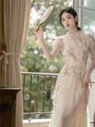 夏女装(夏女装)复古新中式立体花精致面料国风新中式，拼接改良旗袍日常礼服