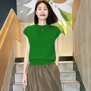 绿色短袖t恤女装夏季冰丝针织薄款半高领设计感小众打底衫上衣潮