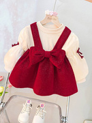 女童秋季连衣裙洋气婴儿红色，公主裙3儿童秋装，1周岁女宝宝礼服裙子