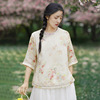 棉麻女装2023夏季中国风复古上衣女新中式苎麻印花女式t恤