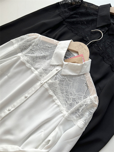 外贸纯原欧美单女士(单女士)唯美小性感镂空蕾丝法式拼接雪纺长袖衬衫