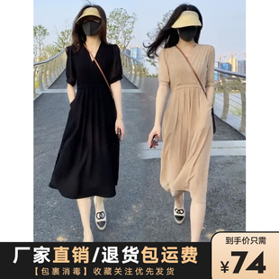 黑色连衣裙女夏季赫本风法式v领高级感气质，收腰显瘦a字长裙子