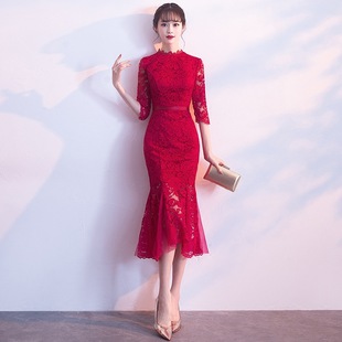 敬酒服旗袍红色蕾丝鱼尾现代结婚礼服裙子少女款