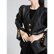 BELIN 法式泡泡袖黑色皮衣女设计感小众金扣V领收腰长袖外套上衣