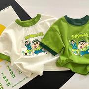 2023韩版童装绿色白色时髦洋气，纯棉t恤短袖卡通印花潮韩简芺