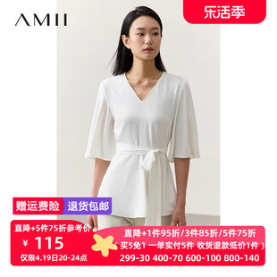 amii2024夏v领中袖配腰带，雪纺衫女修身显瘦设计感法式上衣