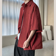 酒红色麂皮绒衬衫男短袖潮牌美式复古衬衣七分袖外套夏季