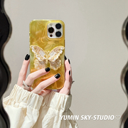 YUMIN SKY·适用ins刺绣黄色蝴蝶iPhone14pro max苹果15Pro手机壳12韩风11女款plus辣妹风13Promax防摔保护套