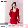 OCRC Official红色纯欲风玫瑰花针织开衫包臀吊带连衣裙套装女夏