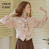 cococasa设计感欧洲站粉色，短款小个子衬衫，女2023秋新系带欧货衬衣