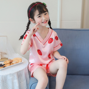 儿童睡衣女冰丝夏季薄款短袖，女童夏装草莓，小女孩中大童空调家居服