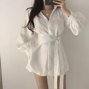衬衣束腰衬衫女韩版白色灯笼袖设计感系带两件套
