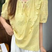 泡泡袖衬衫女夏季新款木耳边刺绣圆领系带宽松显瘦休闲上衣雪0.13