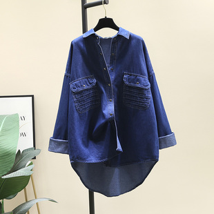 深蓝色复古牛仔衬衫女外套2024春装韩版中长款设计感衬衣上衣