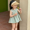 女童童装2024夏季绿色格子套装，女宝宝娃娃衫，无袖背心裙短裤两件套