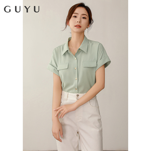 绿色衬衫女短袖夏设计感时尚洋气落肩雪纺上衣韩版宽松小清新衬衣