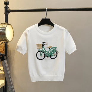 白色t恤女设计感夏圆领，修身冰丝针织短袖休闲自行车绣花上衣