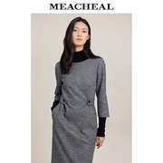 meacheal米茜尔秋季羊毛混纺千鸟，集格纹七分袖连衣裙通勤时尚