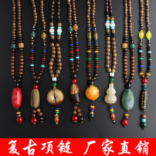 民族风木质项链男女款，佛珠衣服配饰，百搭长款毛衣链复古木珠挂饰品