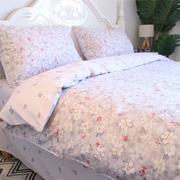 高档田园紫色花卉小碎花床上四件套全棉纯棉，床单床笠款水墨画风格