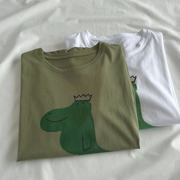 恐龙王子显白绿色圆领打底衫，2024夏卡通(夏卡通，)印花宽松百搭短袖t恤女