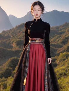 新中式女装红色拼接马面裙套装，秋冬2023国风丝绒上衣改良汉服